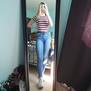 Forever 21 Burgundy and Cream Striped Tee